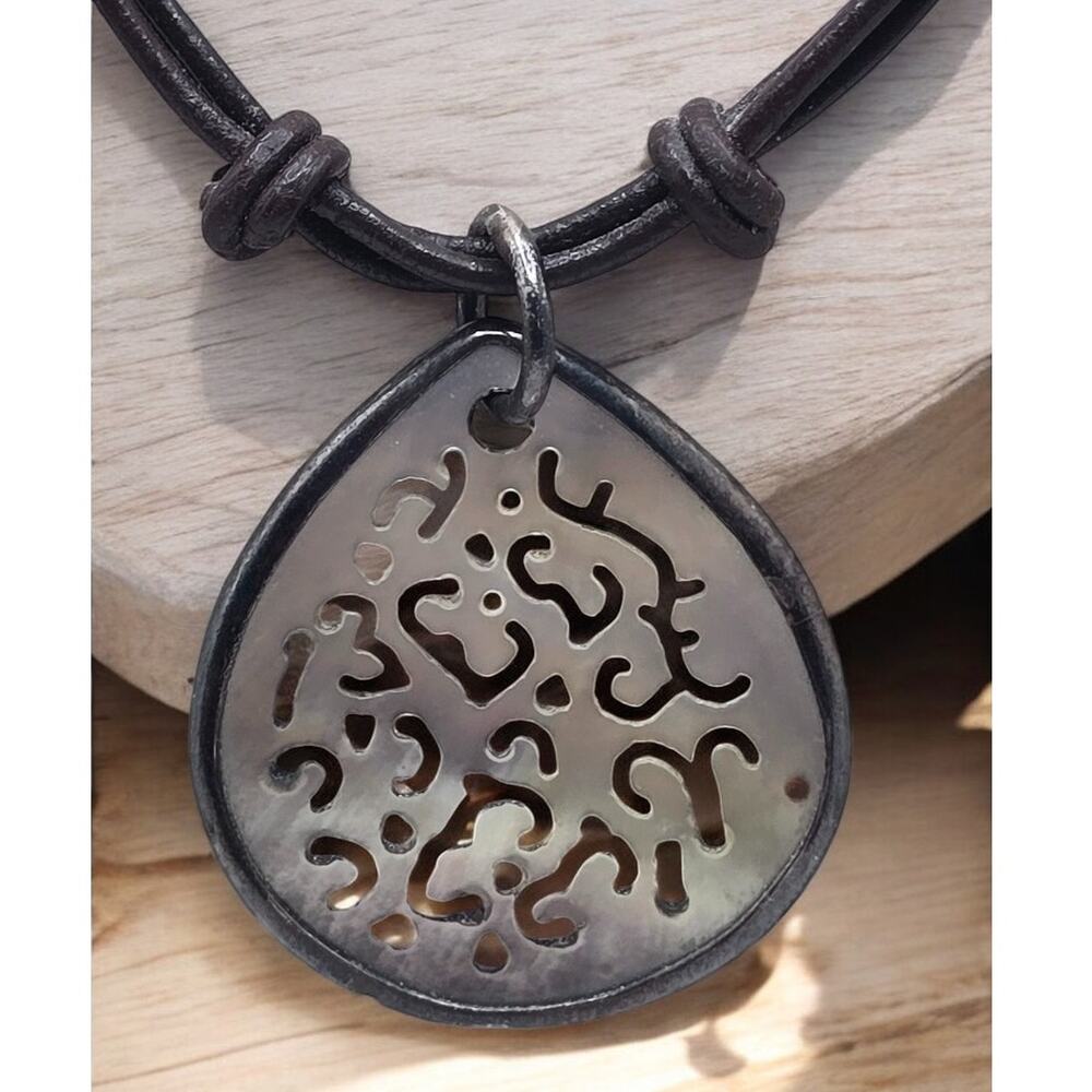 Silpada Mother of Pearl Filigree Pendant Necklace Silver Artisan Leather Cord